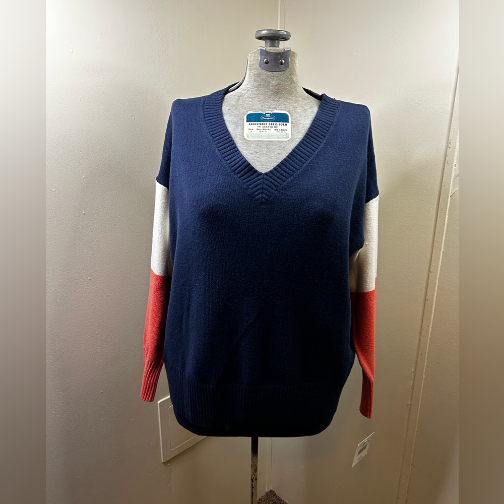 Falls Creek New Blue/White/Pink Long Sleeve V-Neck Sweater Women’s Large